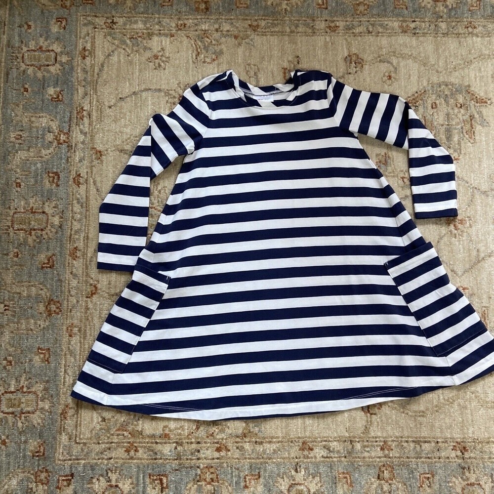 Hanna Andersson Babydoll Blue White Striped Pocket Dress long sleeve 6-7 120 cm
